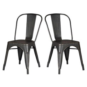 Set of 2 Black Distressed Metal Dining Chairs With Back