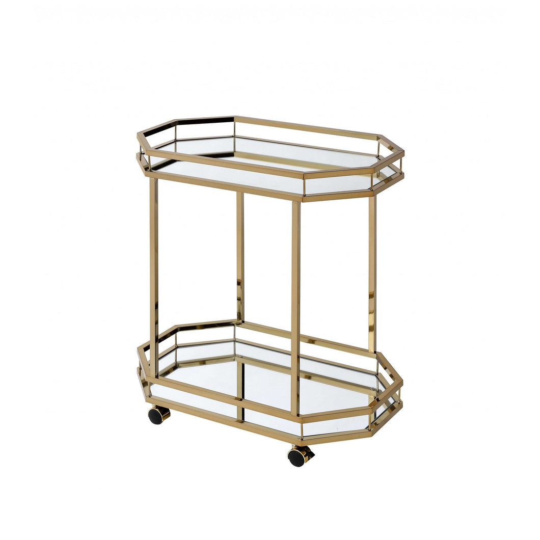 Champagne Finish Metal Serving Cart with 2 Mirror Shelves