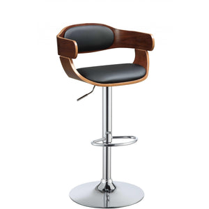 34" Sleek Walnut Finish Black Faux Leather Adjustable Swivel Bar Stool with Chrome Base