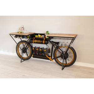 Black and Gold Metal Mango Wood Bike Bar Counter