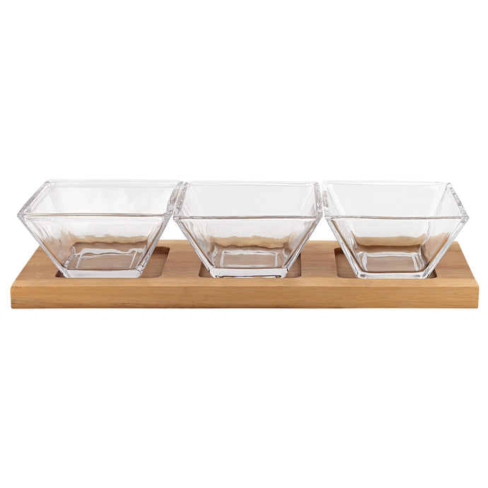 4 Mouth Blown Crystal Hostess Set 4 pc With 3 Glass Condiment or Dip Bowls on a Wood Tray