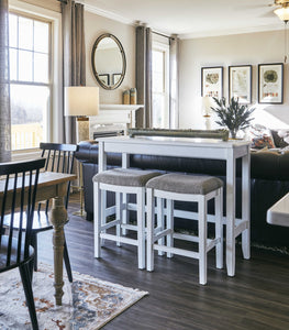 Perfecto White Finish Sofa table with Two Bar Stools