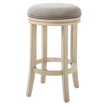 Load image into Gallery viewer, Bar Height Round Swivel Solid Wood Stool in Distressed Ivory Finished with Quartz Fabric