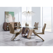 Load image into Gallery viewer, Oak and Walnut Two toned Geometrical base with Glass top Dining Table