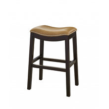 Load image into Gallery viewer, 25&quot; Espresso and Carmel Saddle Style Counter Height Bar Stool