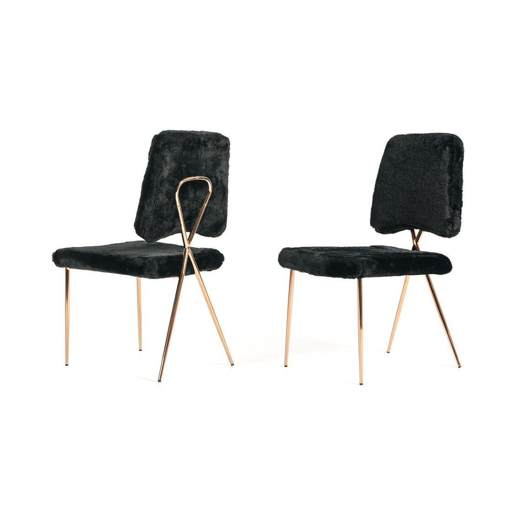 Set of 2 Glam Modern Black Faux Fur Dining Chairs