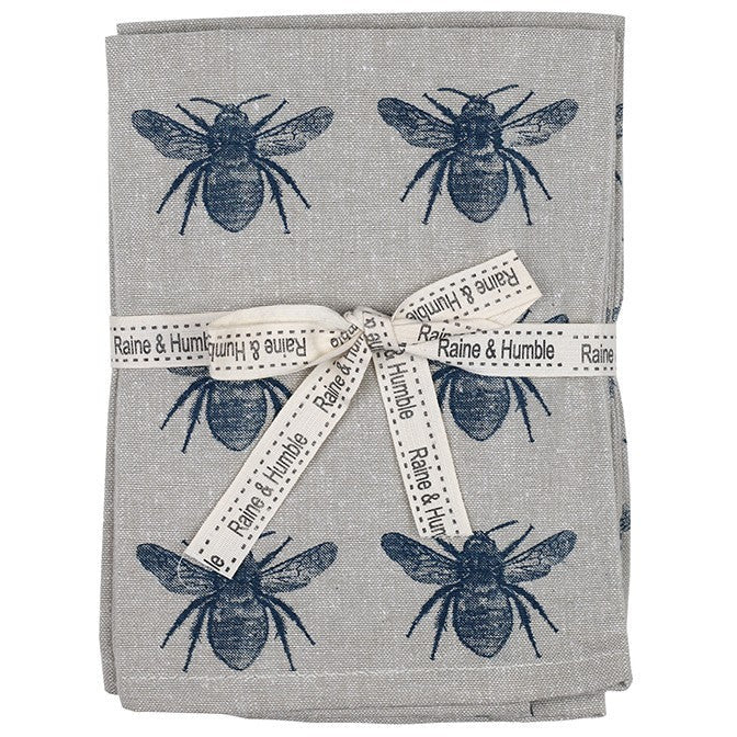 Set of Two Tea Towels with Navy Blue Bumble Bee Oven Gloves