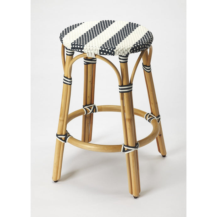 Midnight Blue and White Rattan Counter Stool