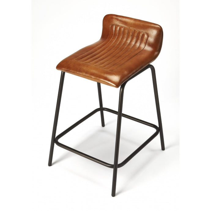 Brown Leather and Metal Counter Stool