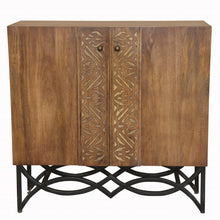 Load image into Gallery viewer, Natural Wood and Black Iron Scroll Double Door Cabinet