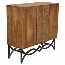 Load image into Gallery viewer, Natural Wood and Black Iron Scroll Double Door Cabinet