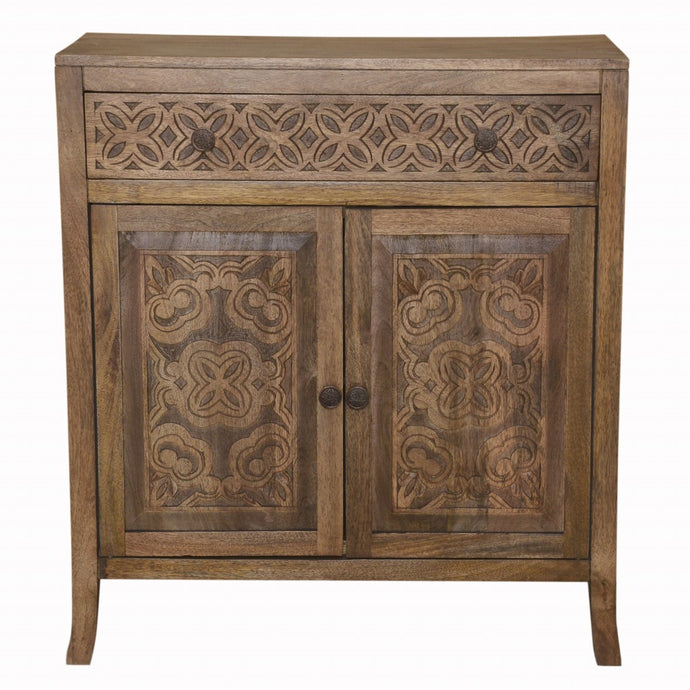 Artisanal Handcarved Dark Wood Accent Storage Cabinet
