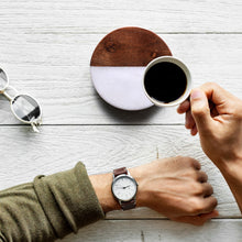 Load image into Gallery viewer, Set of Four Round Wood and Marble Half and Half Coasters with Stand