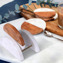 Load image into Gallery viewer, Set of Four Round Wood and Marble Half and Half Coasters with Stand