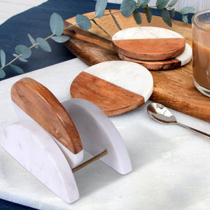Set of Four Round Wood and Marble Half and Half Coasters with Stand