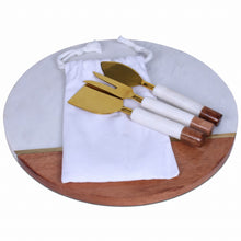 Load image into Gallery viewer, 12&quot; Wood and Marble and Gold Cheese Board and Knife Set