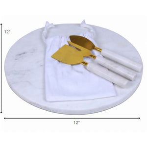 12" Round White Marble Cheese Board and Knife Set