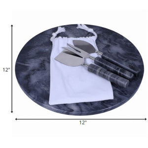 12" Round Black Marble Cheese Board and Knife Set