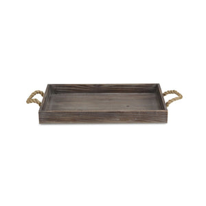 Dark Brown Wooden Tray with Rope Handles