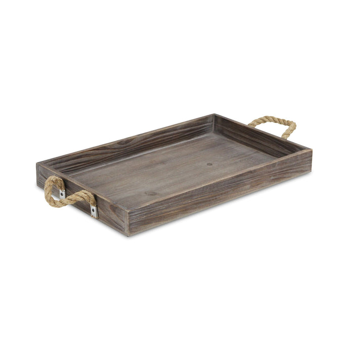 Dark Brown Wooden Tray with Rope Handles