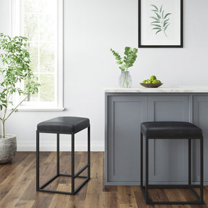 Set of Two Modern Geo Black Leather Bar Stools