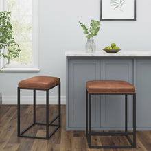 Load image into Gallery viewer, Set of Two Modern Geo Brown Leather Bar Stools