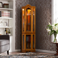 Load image into Gallery viewer, Golden Oak Scallop Top Lighted Corner Curio Cabinet