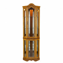 Load image into Gallery viewer, Golden Oak Scallop Top Lighted Corner Curio Cabinet