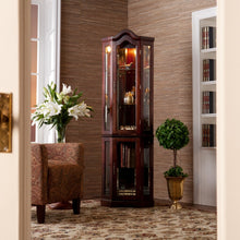 Load image into Gallery viewer, Mahogany Scallop Top Lighted Corner Curio Cabinet
