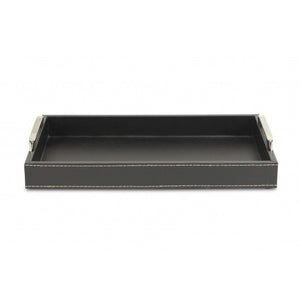 Black Faux Leather Tray with Metal Handles