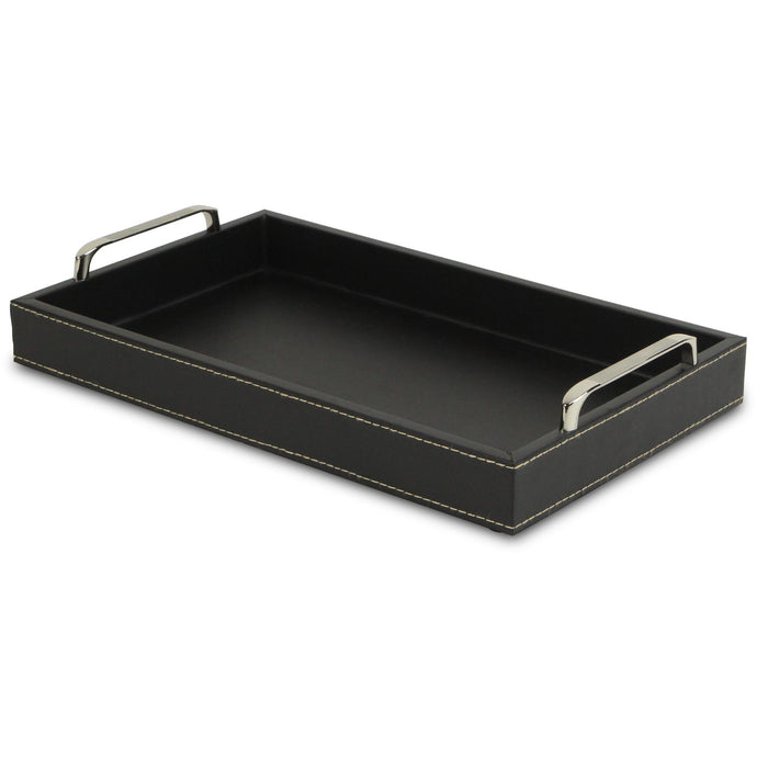 Black Faux Leather Tray with Metal Handles