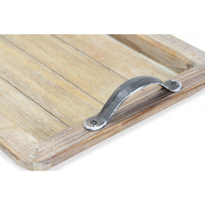 Wooden Paneled Tray with Metal Handles