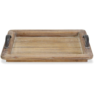 Wooden Paneled Tray with Metal Handles
