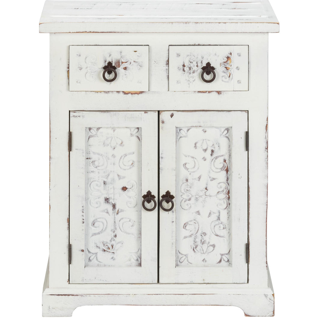Distressed White Wooden Carved 2 Door and 2 Drawer Cabinet