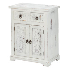 Load image into Gallery viewer, Distressed White Wooden Carved 2 Door and 2 Drawer Cabinet