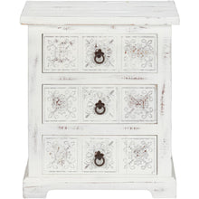Load image into Gallery viewer, Distressed White Wooden Carved 3 Drawer Cabinet