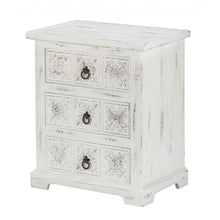 Load image into Gallery viewer, Distressed White Wooden Carved 3 Drawer Cabinet