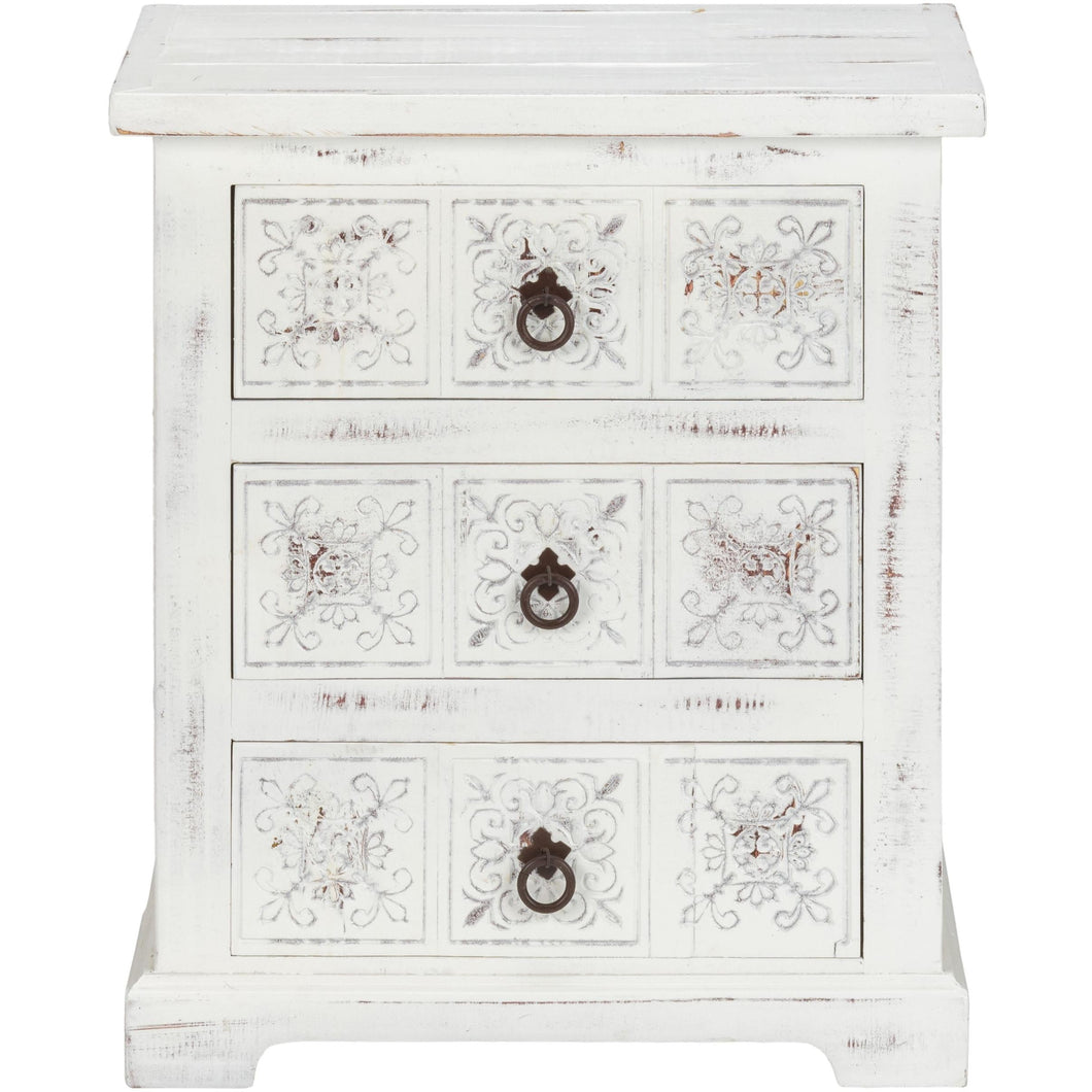 Distressed White Wooden Carved 3 Drawer Cabinet