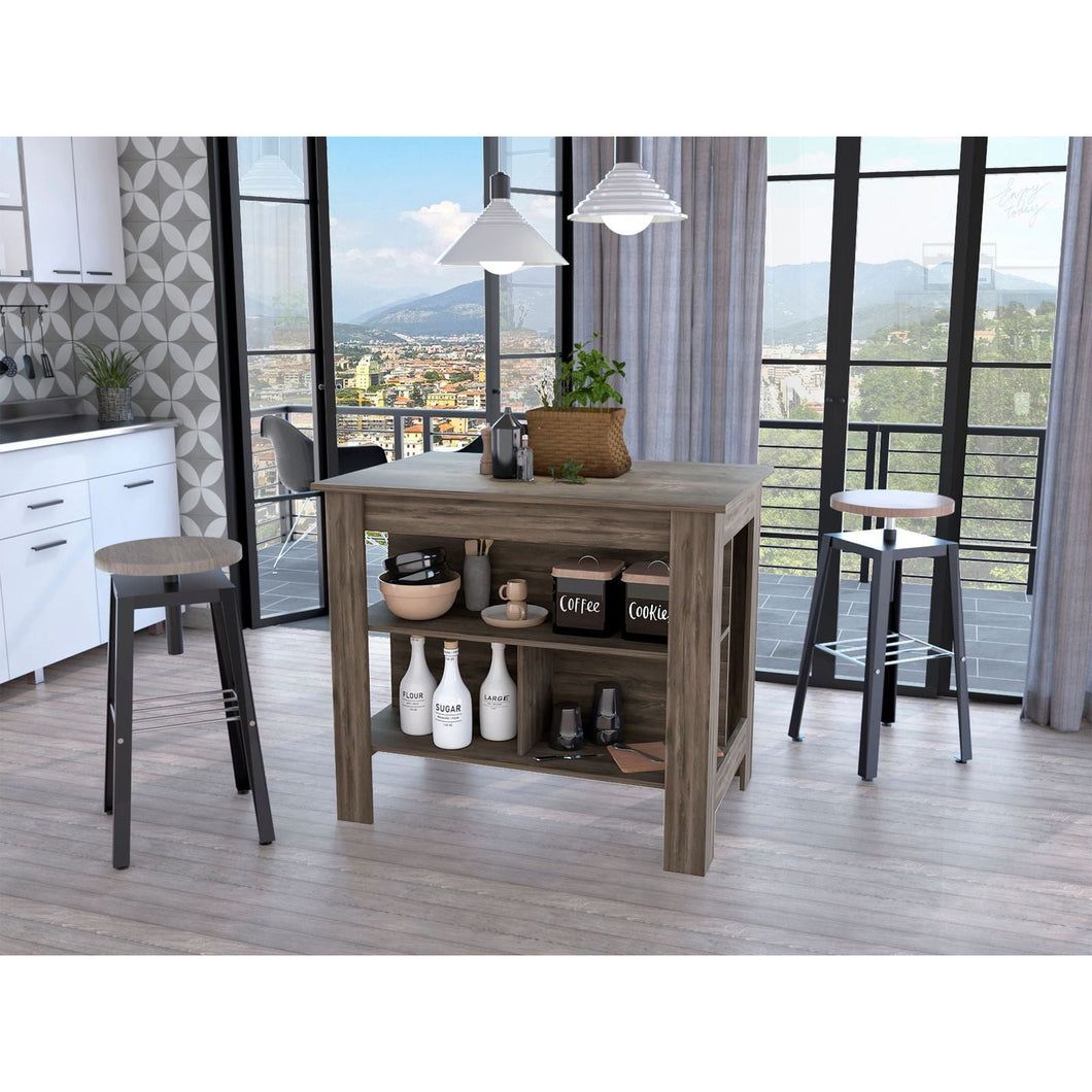 Brown Kitchen Island with Three Storage Shelves