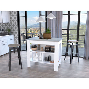 Marble and White Kitchen Island with Three Storage Shelves