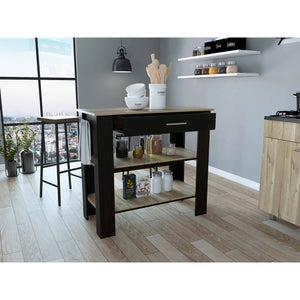 Light Oak and Black Kitchen Island with Drawer and Two Open Shelves