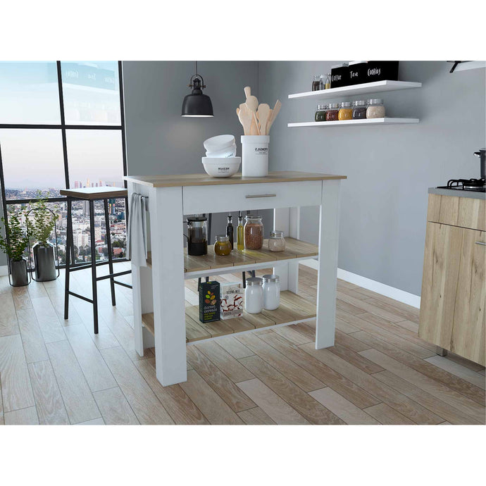 Light Oak and White Kitchen Island with Drawer and Two Open Shelves