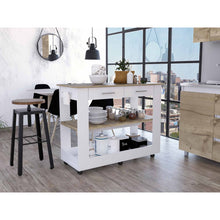 Load image into Gallery viewer, Light Oak and White Kitchen Island with Drawer Shelves and Casters