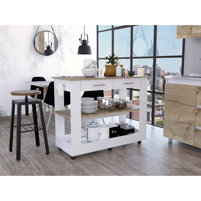 Light Oak and White Kitchen Island with Drawer Shelves and Casters