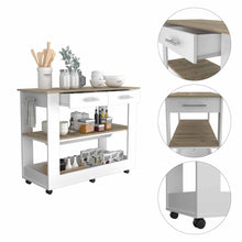 Load image into Gallery viewer, Light Oak and White Kitchen Island with Drawer Shelves and Casters