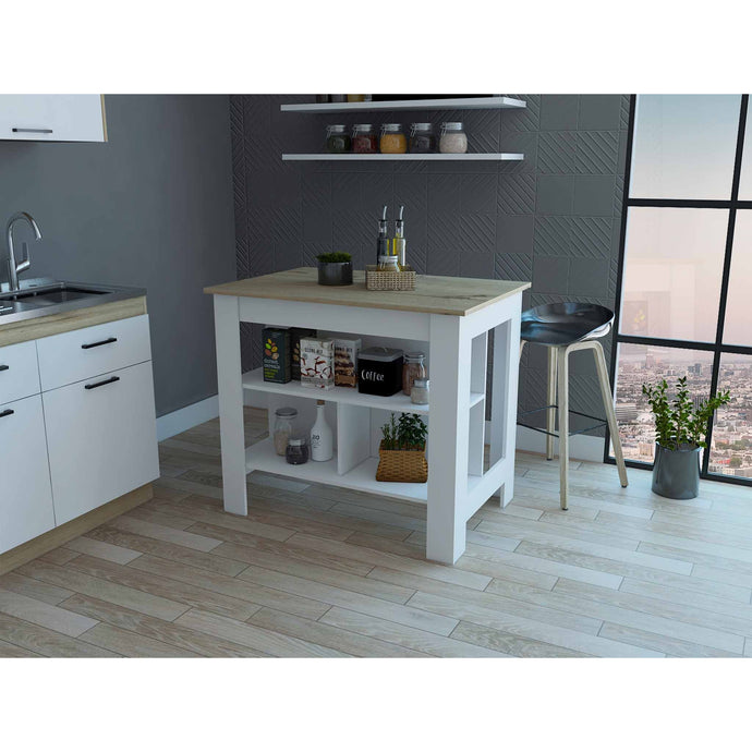 Light Oak and White Kitchen Island with Three Storage Shelves