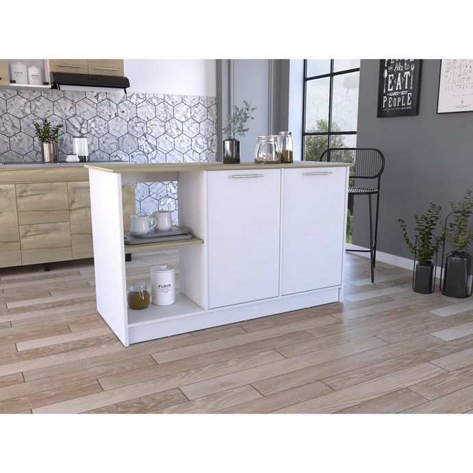 Sleek and Modern White and Light Oak Kitchen Island